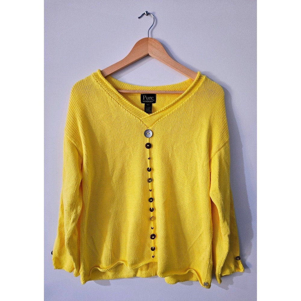 Pure Handknit Yellow Cotton Sweater M/L V-Neck‎ Oversized Chunky Button